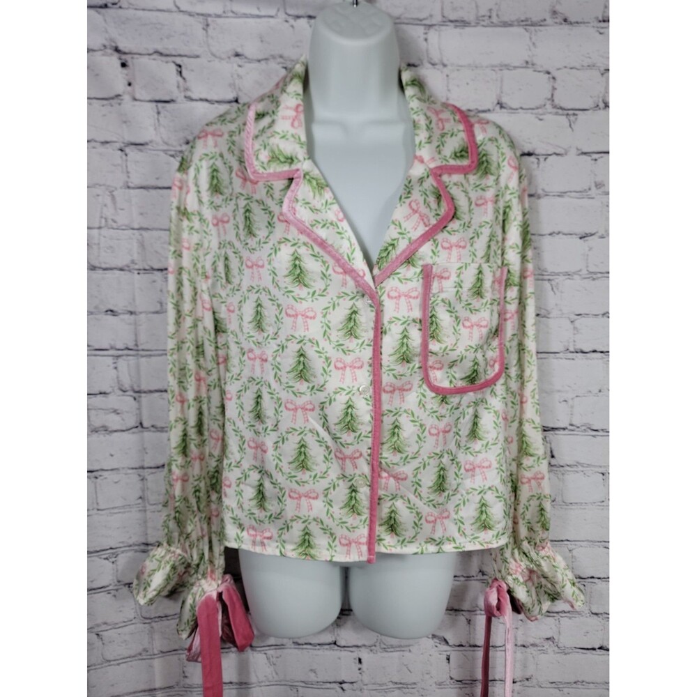 Womens Peach Love California Pink Bow Christmas Tree Pajama Top Only NWT
